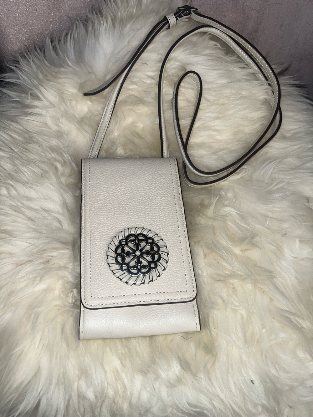 Brighton Cream Pebble Leather Crossbody Phone Bag with Medallion